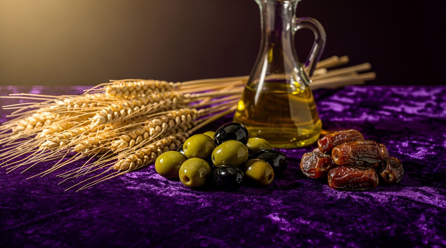 سنابل قمح ذهبية وزيتون أخضر وأسود وتمور وإبريق زجاجي من زيت الزيتون على قماش مخملي بنفسجي في ضوء دافئ